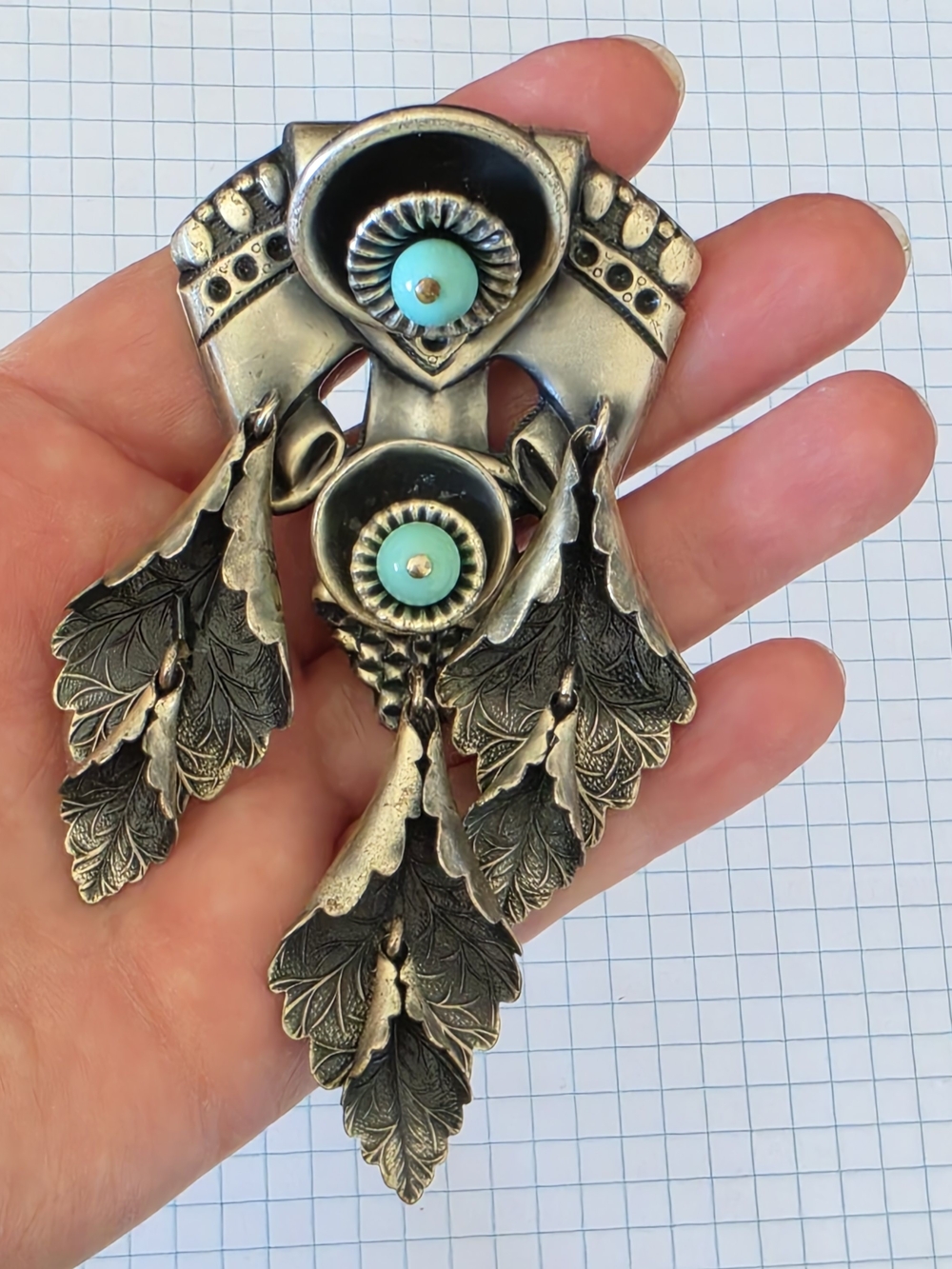 STERLING BUTTON WESTERN SOUTHWESTERN STATEMENT BROOCH WITH TURQUOISE CABOCHONS &